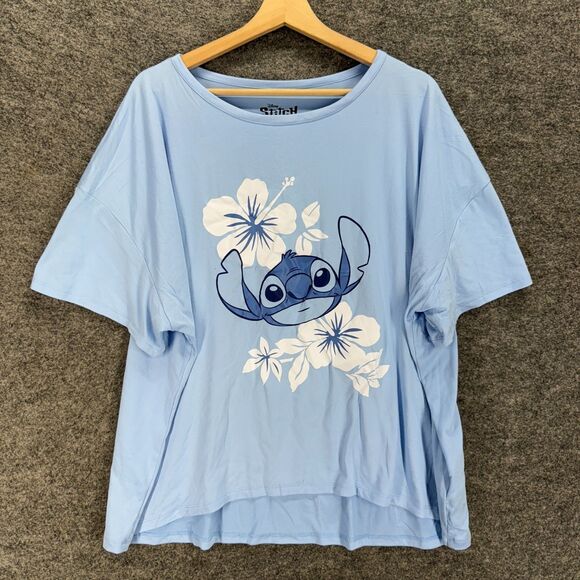 Disney Stitch T-Shirt Women 2XL Blue Floral Short Sleeve Round Neck Pullover - Picture 1 of 6